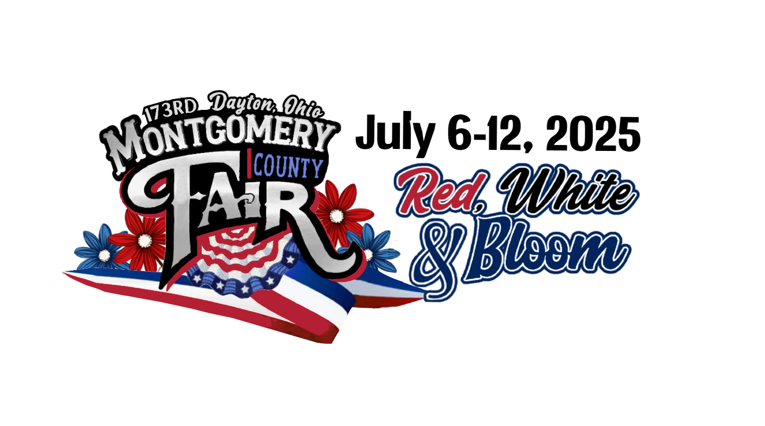 2025_Dates_final_transparent background Montgomery County Fair Logo with dates that say July 6-12, 2025. Red, White & Bloom.